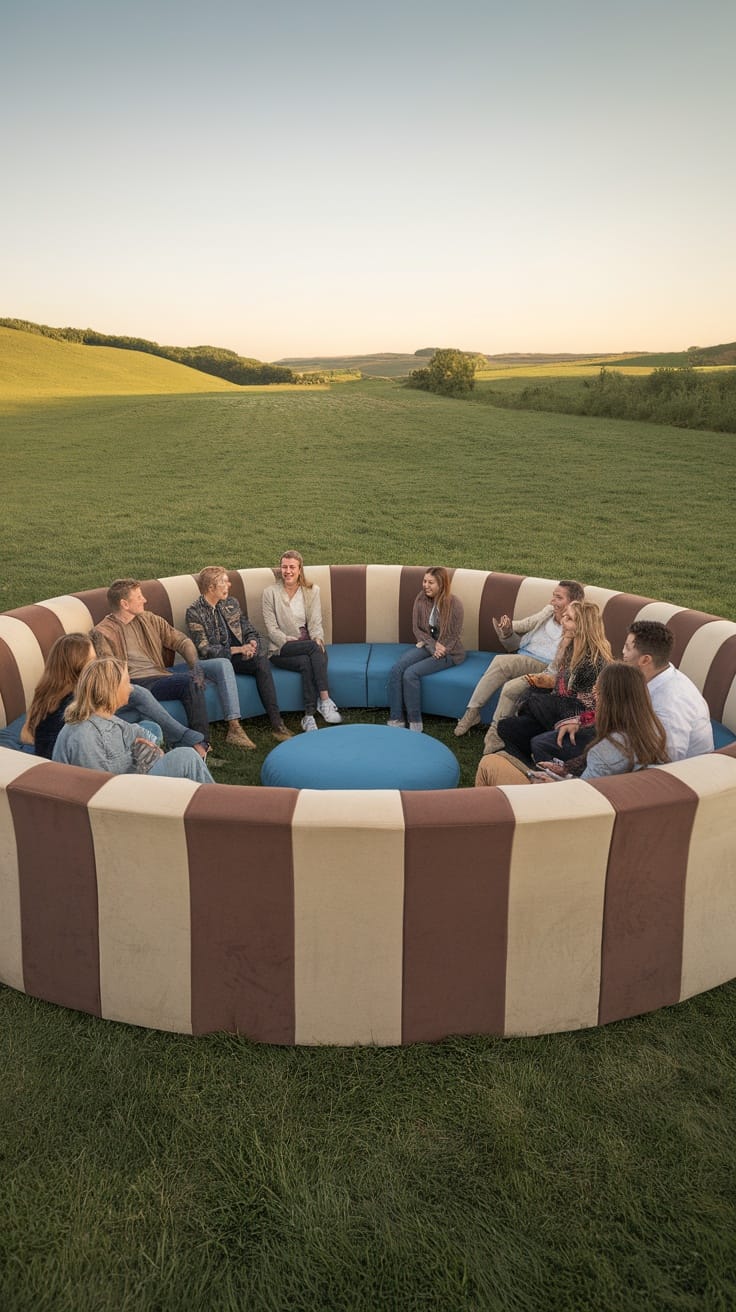 A group of people sitting on a giant circular sofa in a cozy theater setting.
