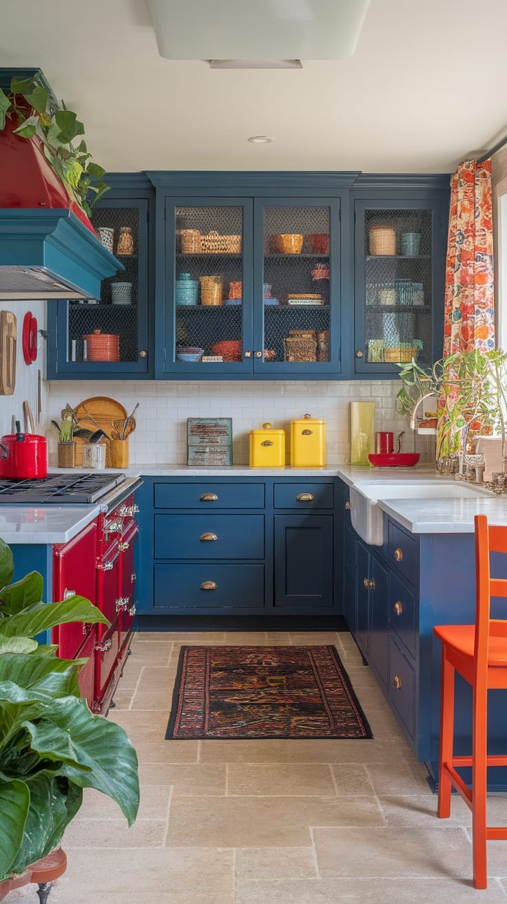 A vibrant kitchen featuring blue cabinets, red stove, orange chair, and colorful accents.