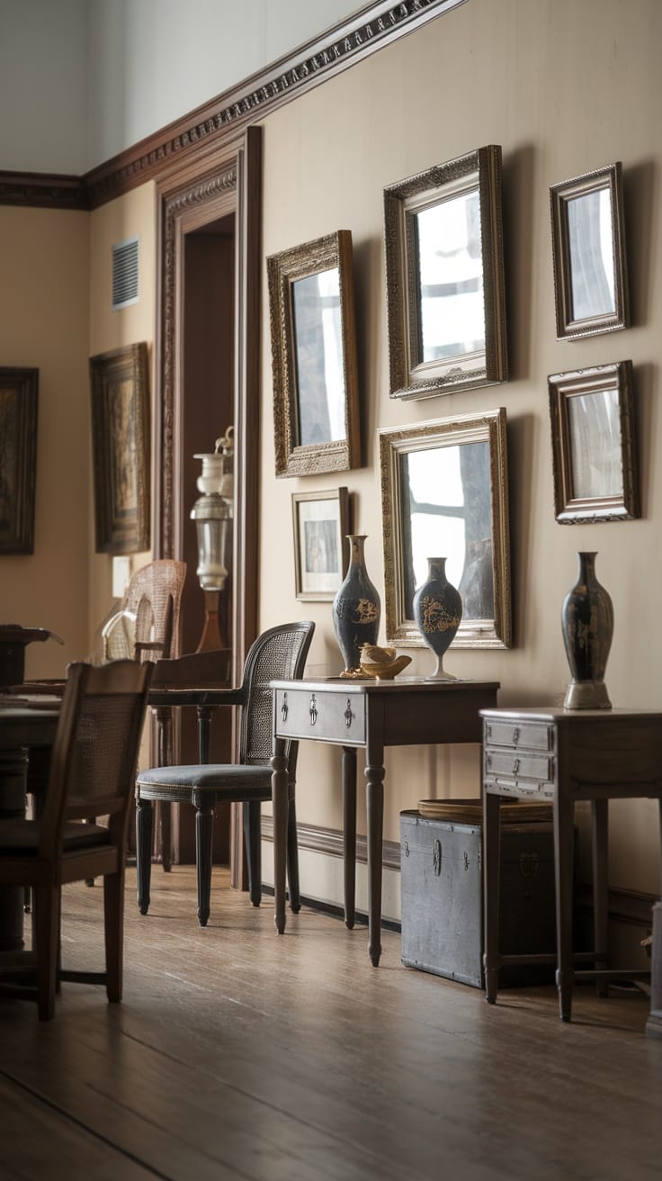 A cozy hall featuring antique furniture, mirrors, and vases