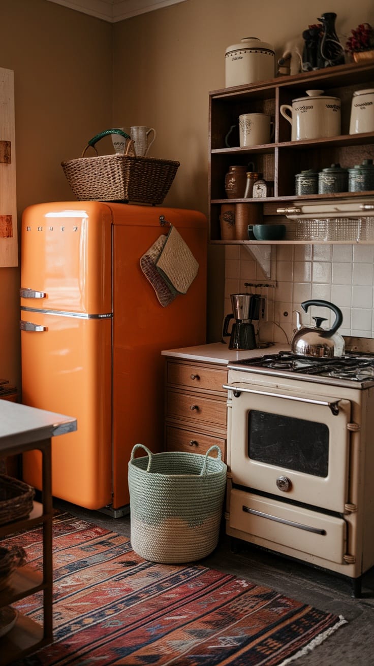A vintage kitchen featuring an orange fridge, antique stove, wooden cabinets, and cozy decor.