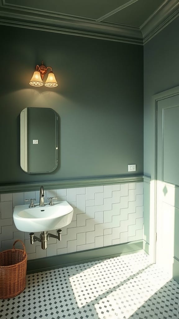 A vintage lighting fixture in an olive green bathroom with a stylish mirror and sink.