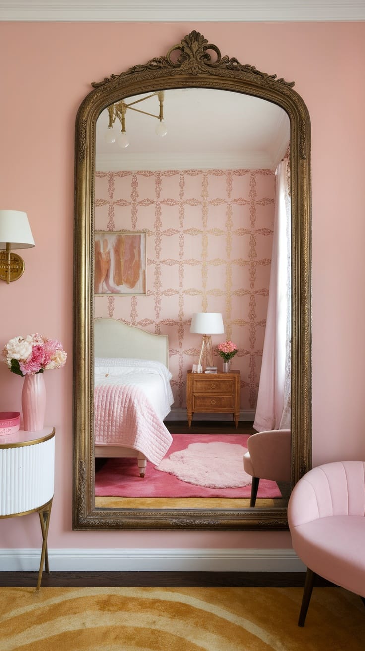 A vintage mirror with an ornate frame hanging in a bedroom featuring soft pink walls and stylish furniture.