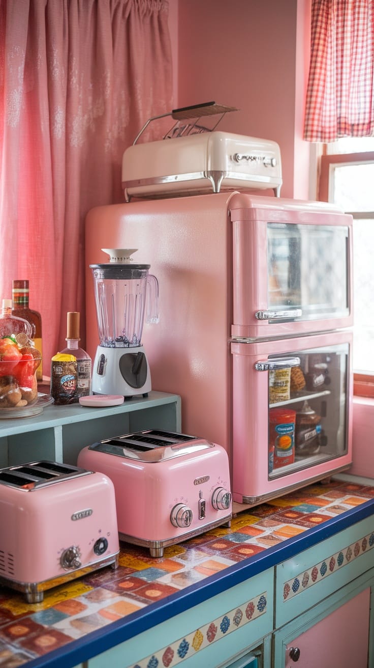 A retro pink kitchen featuring vintage appliances, including a fridge, toaster, and blender.