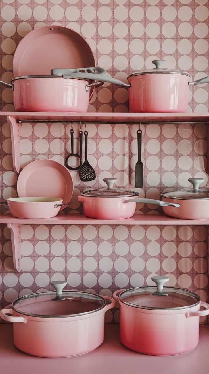 A collection of vintage pink cookware on shelves with a pink patterned backdrop.