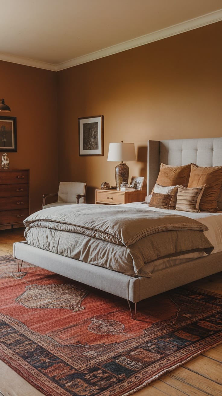 A modern vintage bedroom featuring a large patterned rug, a cozy bed with layered bedding, and warm-toned walls.