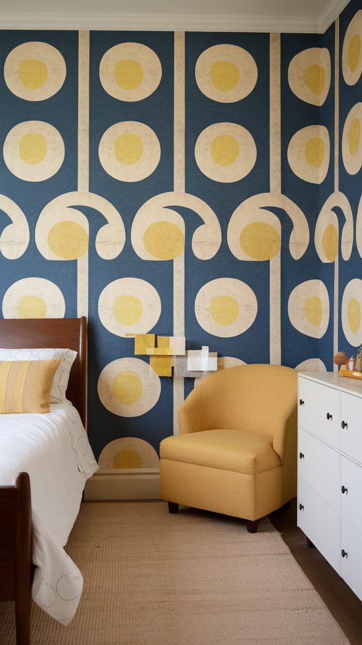 A bedroom featuring vintage wallpaper with modern circular patterns in yellow and blue.