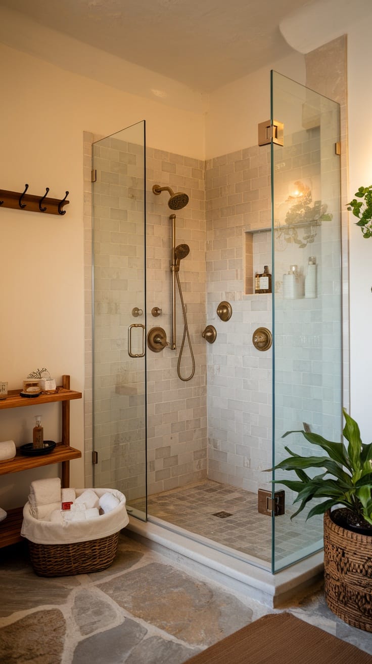 A modern walk-in shower with glass walls, neutral tiles, and a wooden shelf with towels.