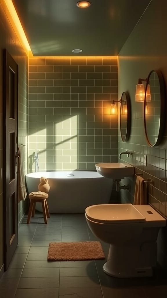 A stylish olive green bathroom with warm lighting, featuring a bathtub, sink, and mirrors.