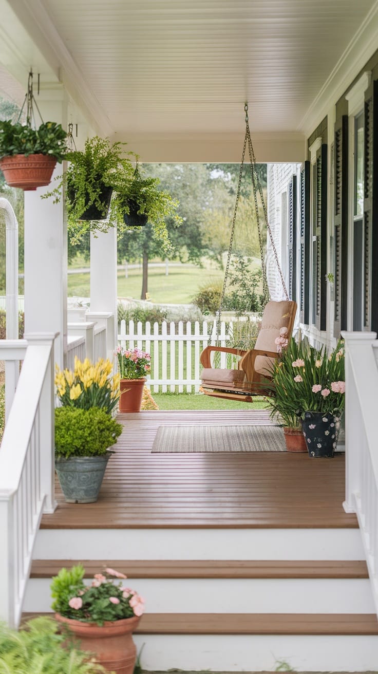 A beautiful front porch with a swing chair, decorative plants, and a white picket fence.