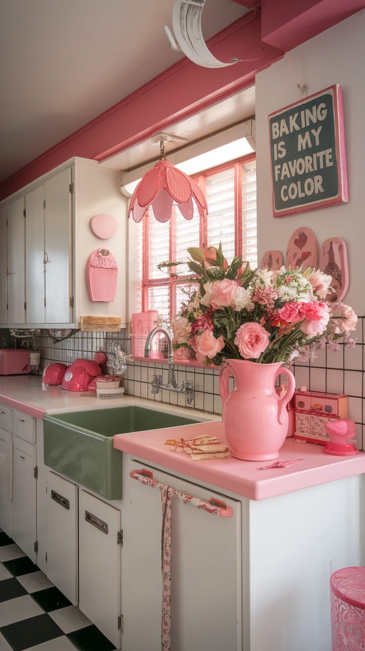 A whimsical pink kitchen featuring vintage decor, a green sink, and a bouquet of pink flowers.
