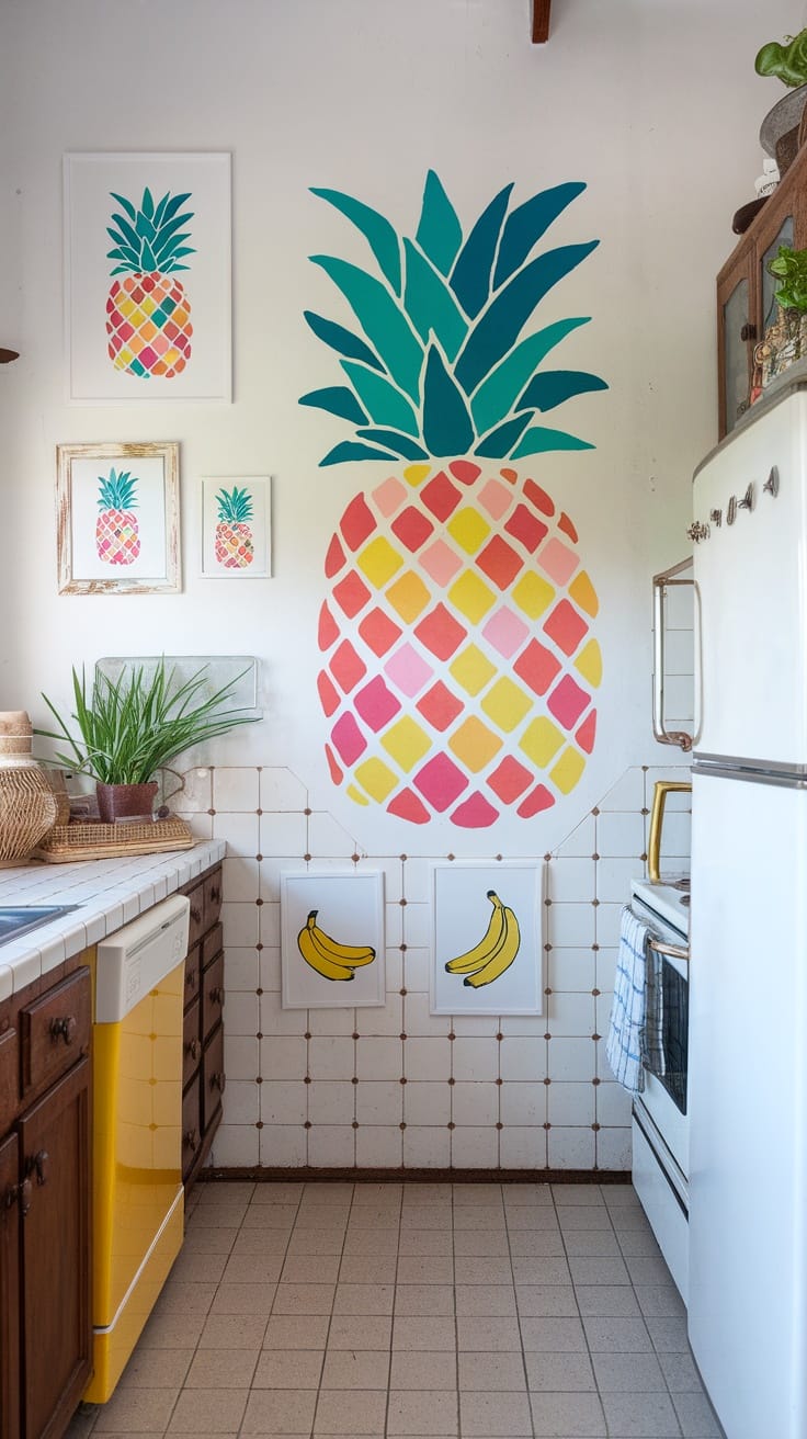 A kitchen wall featuring a large pineapple mural and framed pineapple art, with banana illustrations underneath.