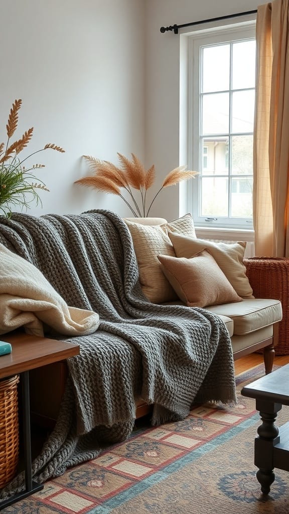 A cozy living room featuring a knitted gray blanket on a sofa, soft cushions, and plants by a window.