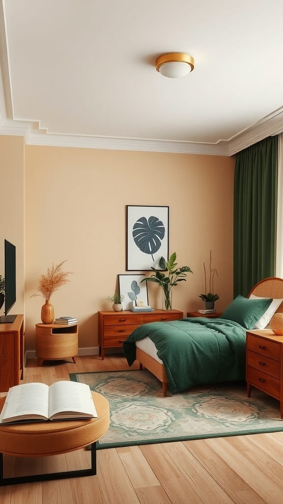 A cozy bedroom featuring earthy tones with beige walls, green bedding, and wooden furniture.