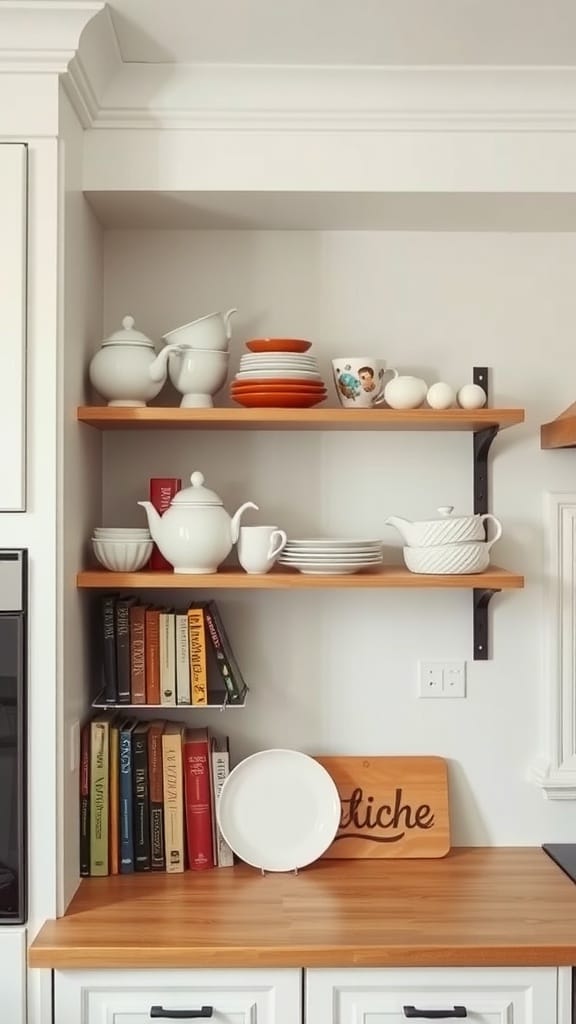 Decorative shelving in a warm apartment featuring dishware and books.