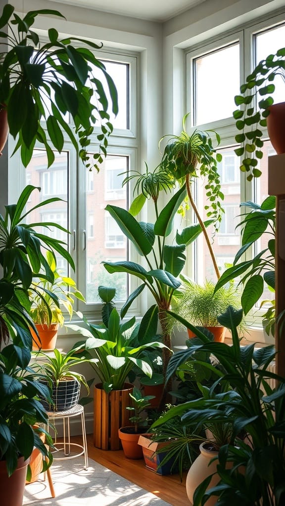 A bright room filled with a variety of indoor plants near large windows.