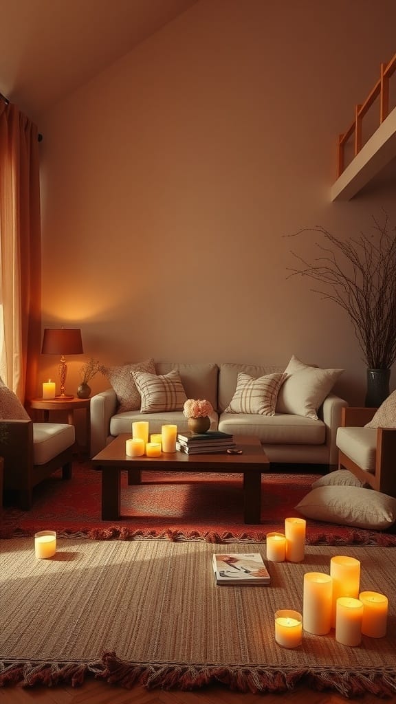 Cozy living room with soft lighting, candles, and comfortable furniture.