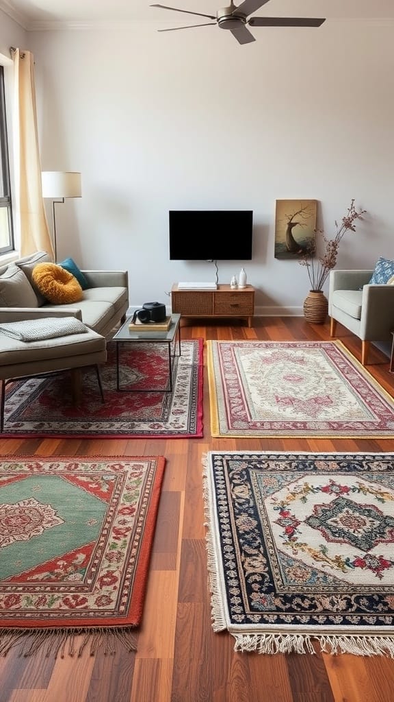 A cozy living room featuring layered rugs in various colors and patterns, with a sofa and decorative elements.