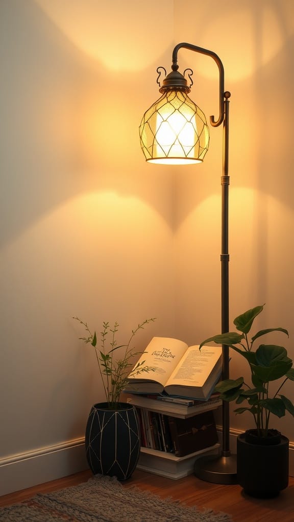 A decorative lamp with warm lighting illuminating a cozy corner with plants and books.