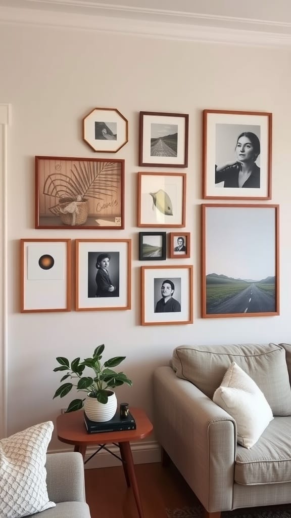 A gallery wall featuring a mix of artwork and photography framed in wood. A small plant sits on a side table beside a light-colored sofa.
