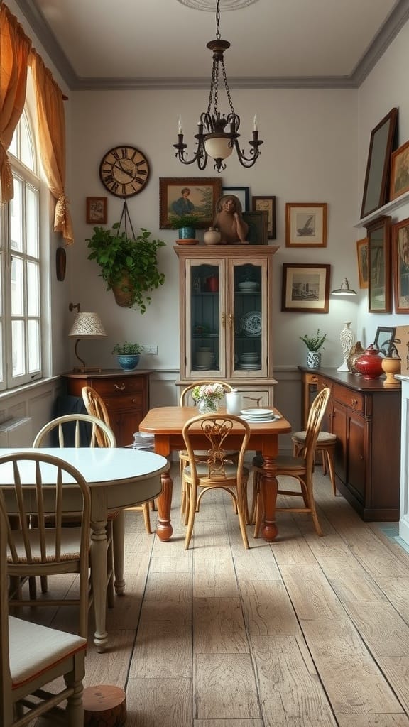 Cozy dining area with vintage furnishings, plants, and warm lighting.