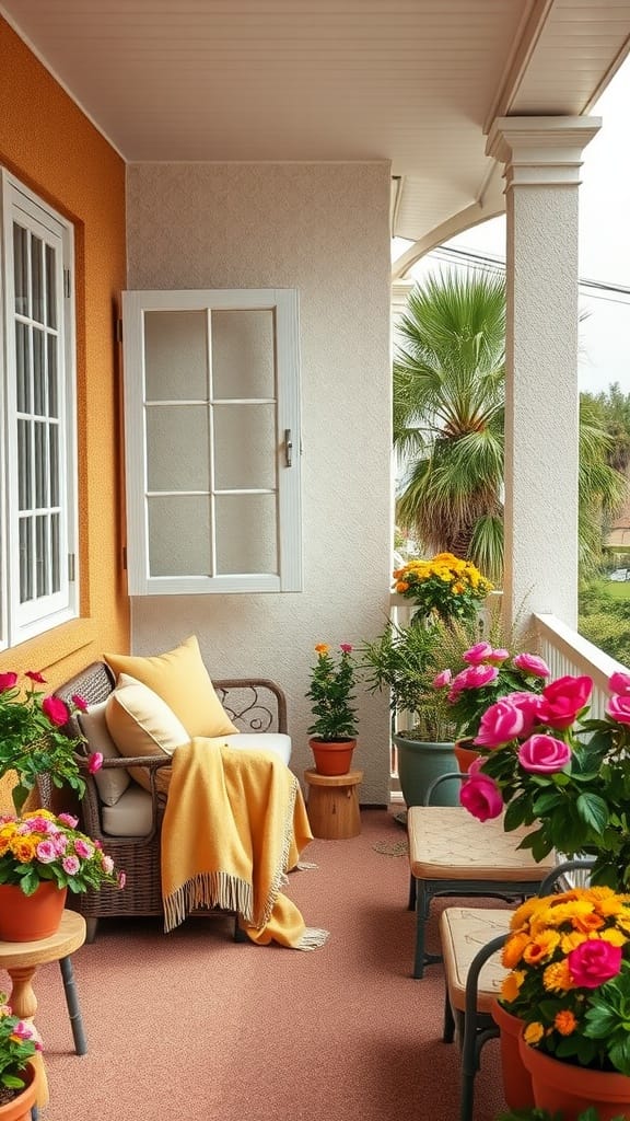 A cozy balcony featuring comfortable seating, colorful flowers, and warm fabrics.