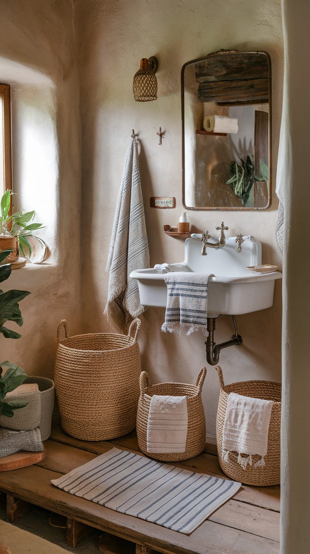 A cozy ensuite bathroom with woven baskets, striped towels, and a plant by the window.