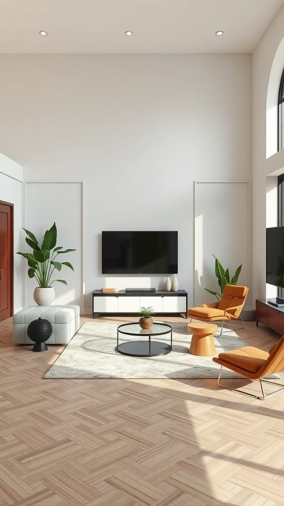A stylish living room featuring Art Deco and minimalist design elements, including orange chairs, a black coffee table, and plants.