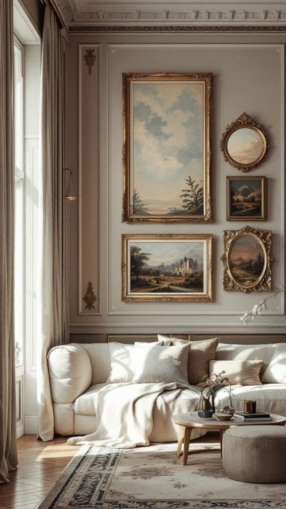 Elegant wall decor in a cozy living room with framed paintings and neutral tones.