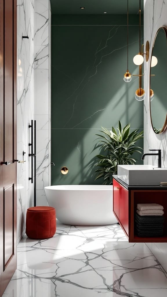 Modern luxury bathroom featuring marble floors, green accent wall, and elegant lighting.