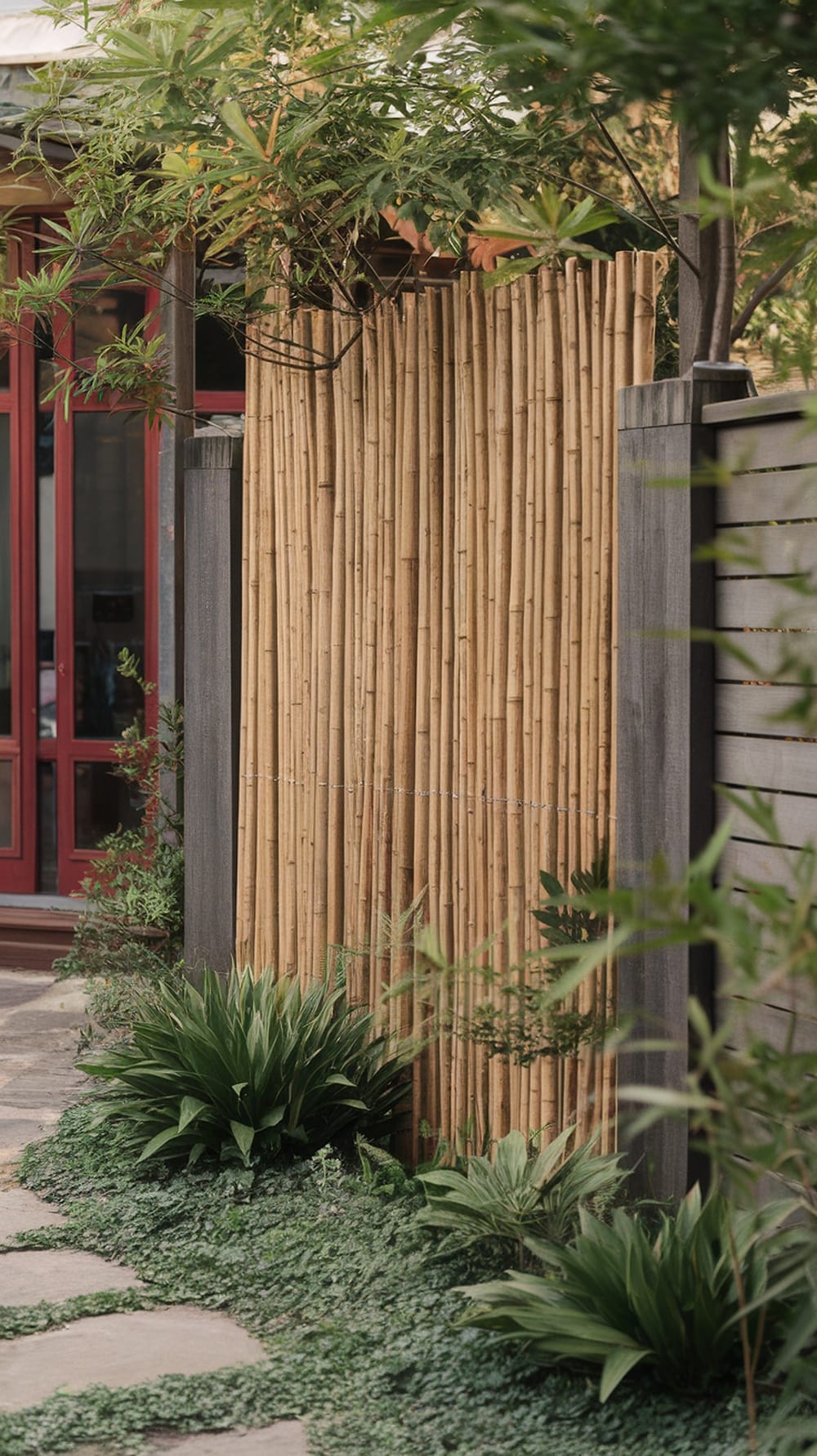 A bamboo fence surrounded by lush greenery in a backyard setting.
