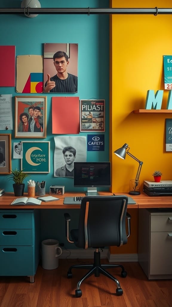 A vibrant workspace featuring a mix of teal and yellow walls, vintage art, and modern furniture.