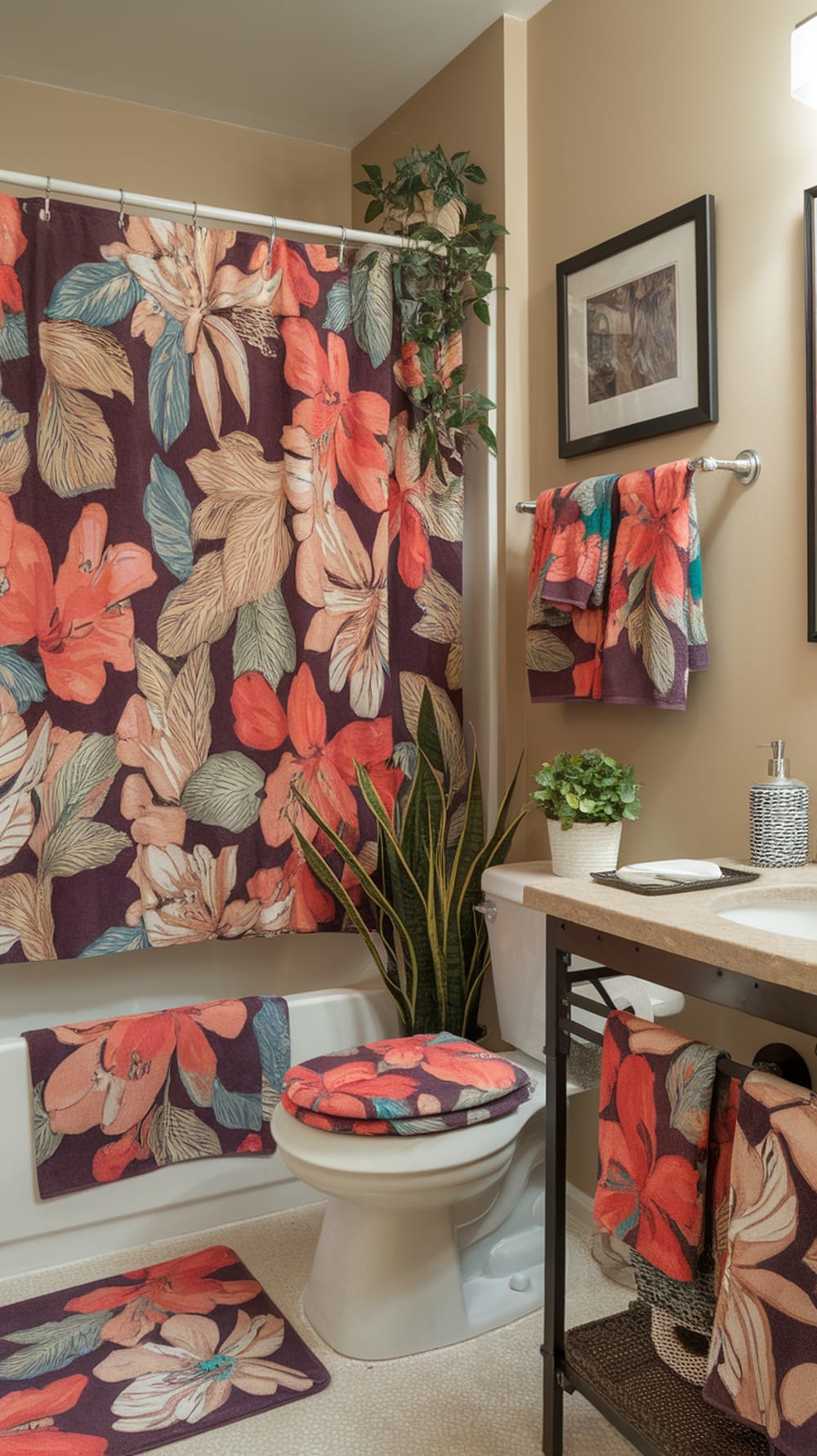 A vibrant bathroom featuring bold floral patterns on curtains and towels, complemented by greenery.