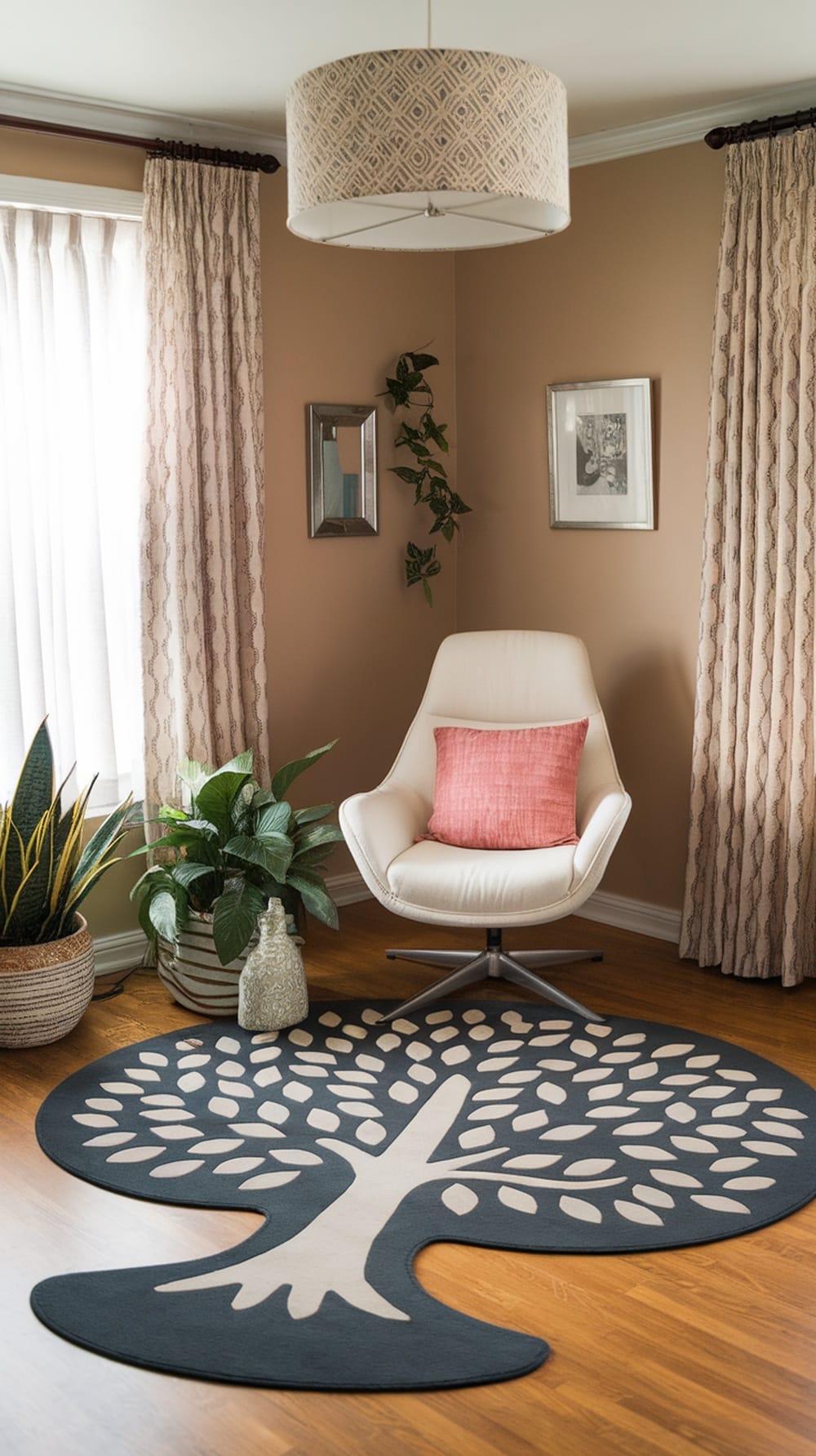 A unique tree-shaped rug in a minimalist living room, complete with a stylish chair and plants.