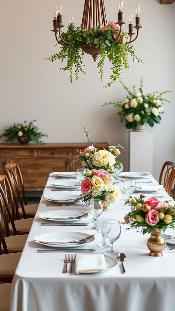 A beautifully arranged wedding table with floral centerpieces and an elegant chandelier.