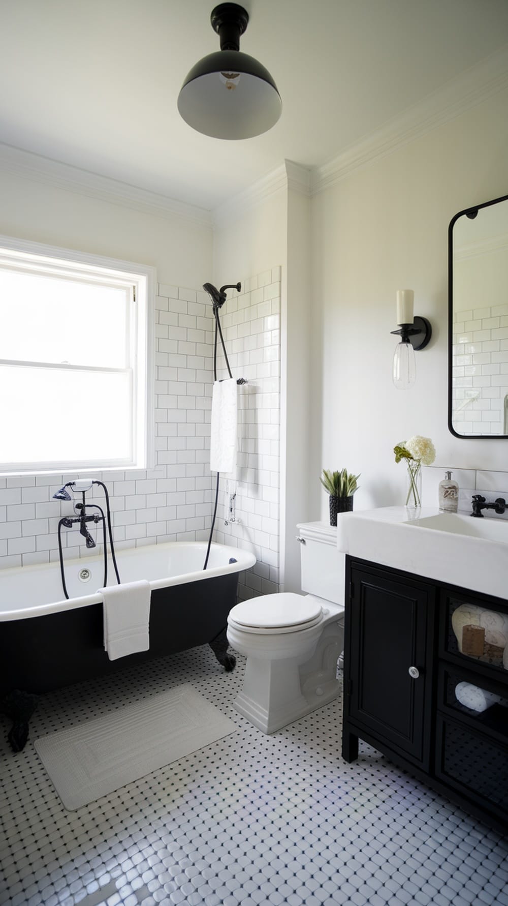 A stylish monochrome bathroom featuring a black bathtub, white subway tiles, and modern fixtures.