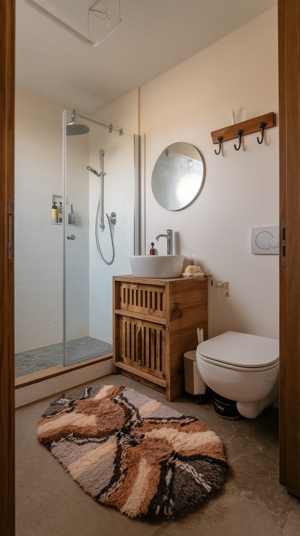A small ensuite bathroom featuring a decorative rug, wooden storage unit, round mirror, and glass shower.