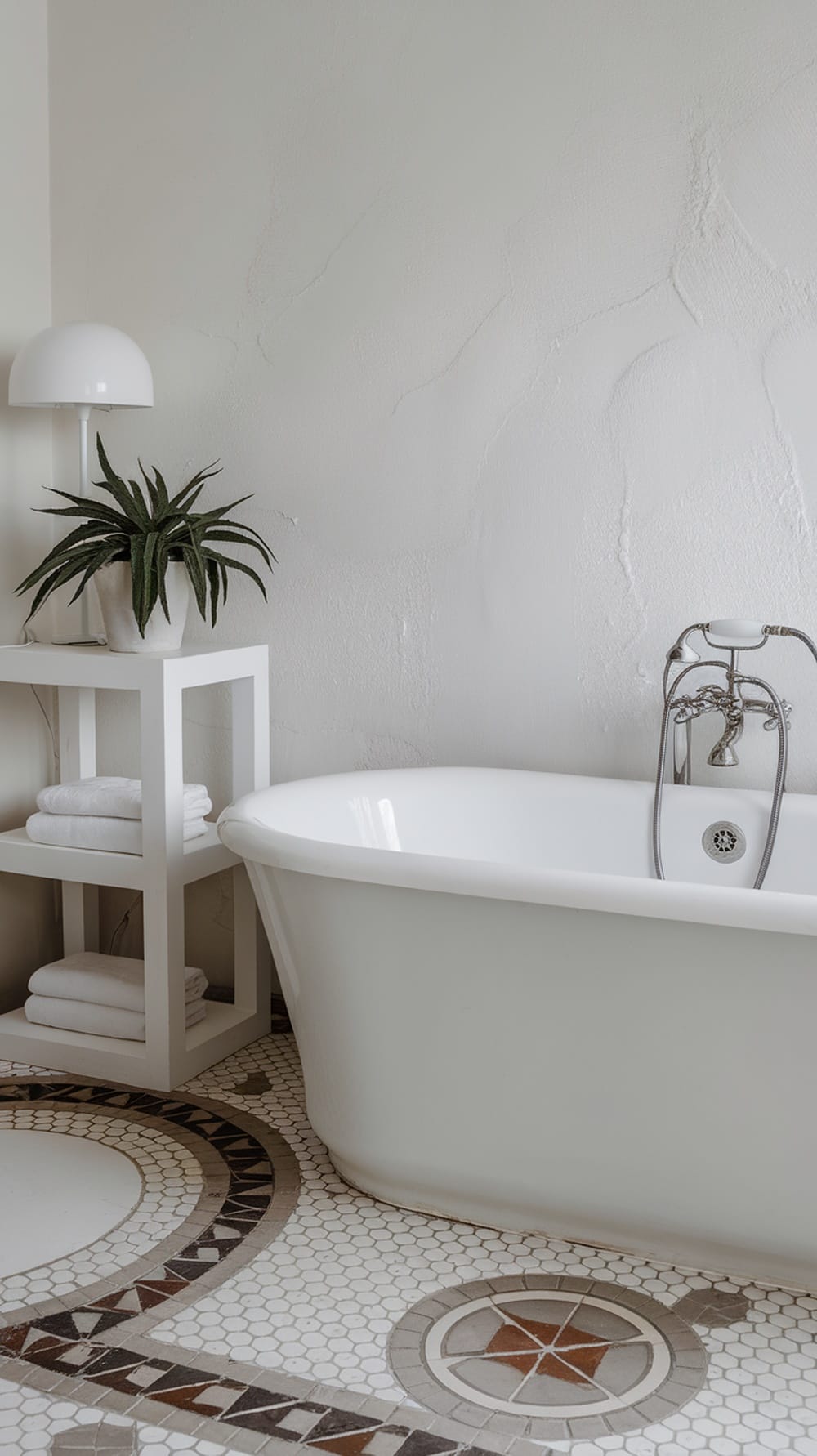 A minimalist bathroom featuring a freestanding bathtub, white walls, a patterned floor, and a shelf with neatly folded towels.
