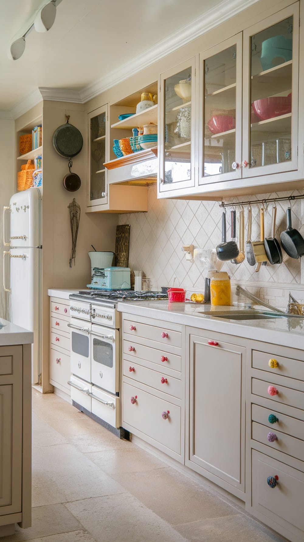 A modern kitchen with neutral low cabinets and colorful accents in handles and dishware.
