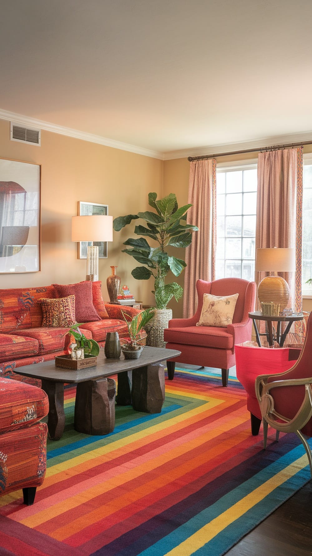 A vibrant living room with a colorful striped area rug, red sectional sofa, and a cozy armchair.