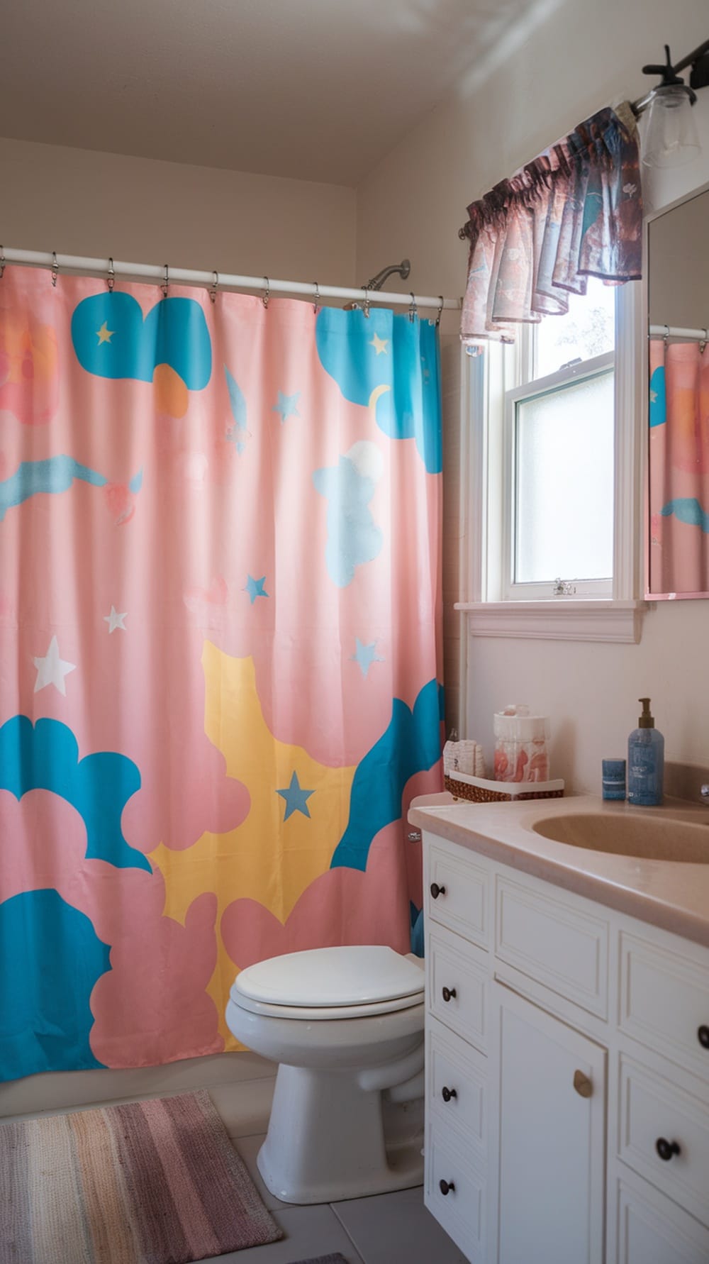 A colorful shower curtain with clouds and stars in a bright bathroom setting.
