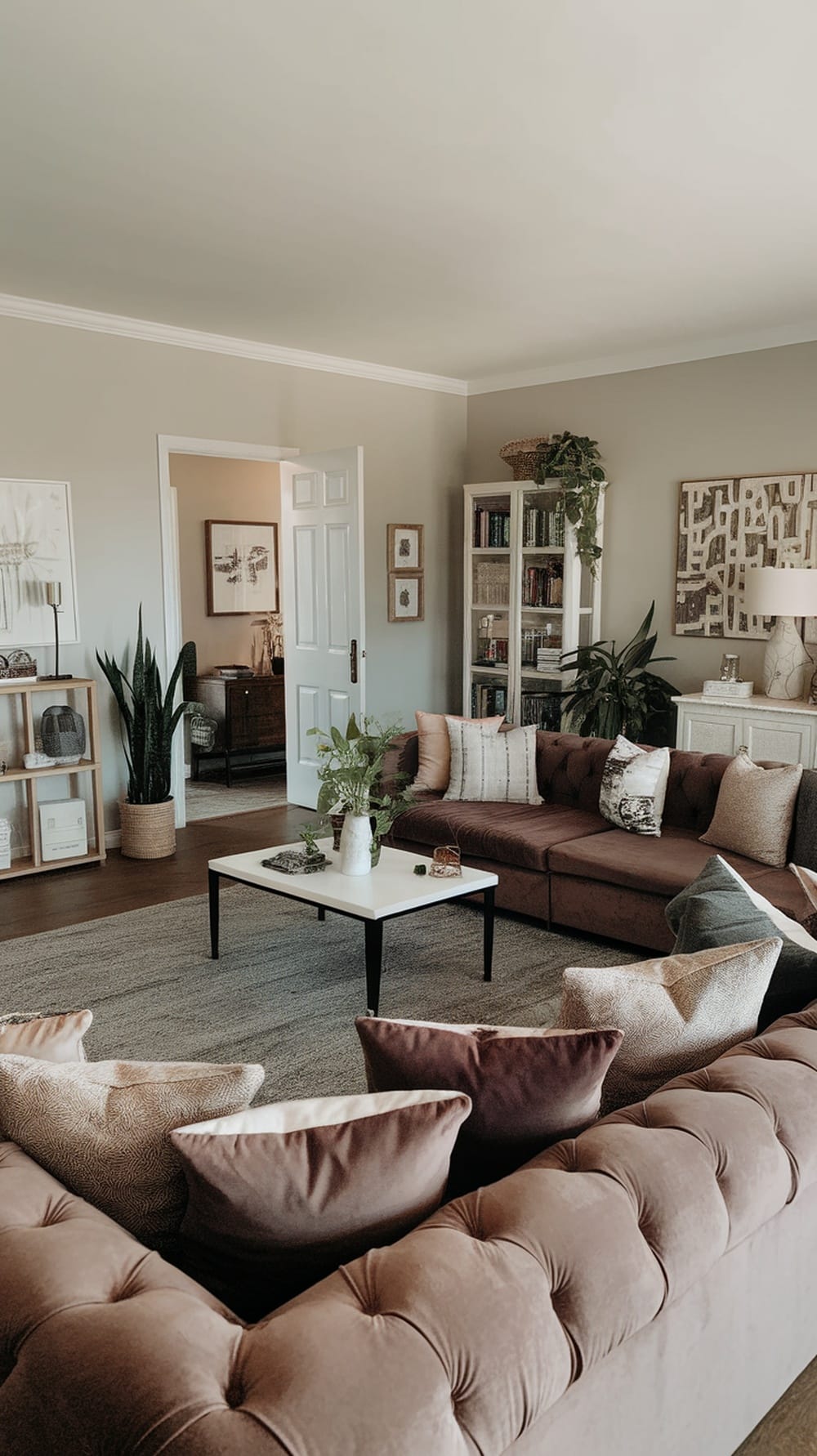 A cozy sectional sofa with decorative pillows, a coffee table, and plants, creating a warm living room atmosphere.