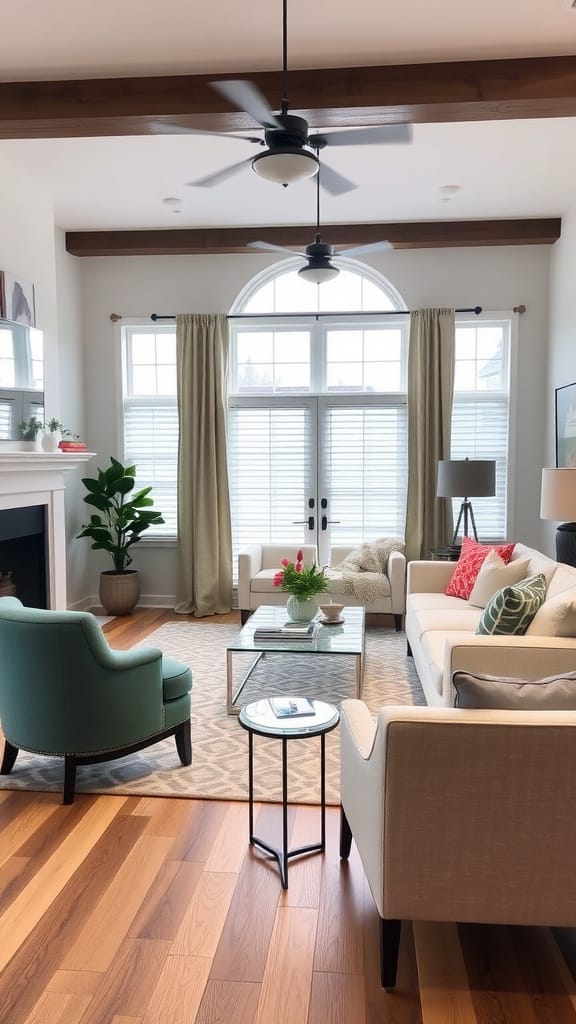 Cozy living room with a white sofa, yellow accent chairs, wooden coffee table, and green plants.