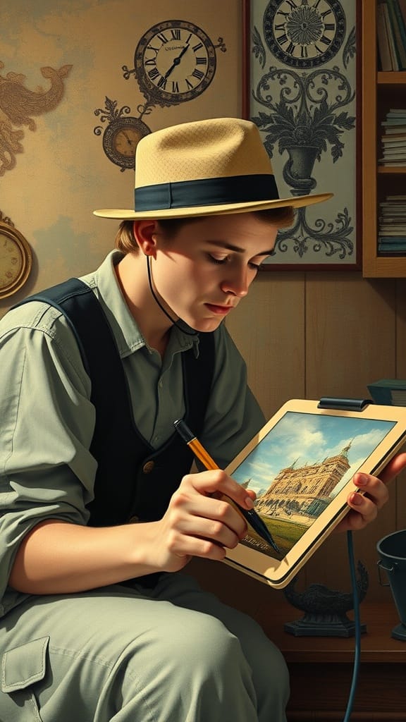 A person holding a tablet with digital artwork in a vintage-style street setting.