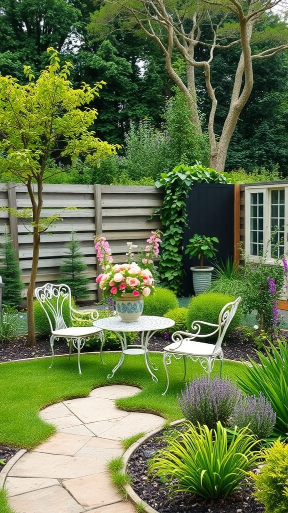 A modern-vintage garden with white wrought iron furniture, vibrant flowers, and a curved stone pathway.