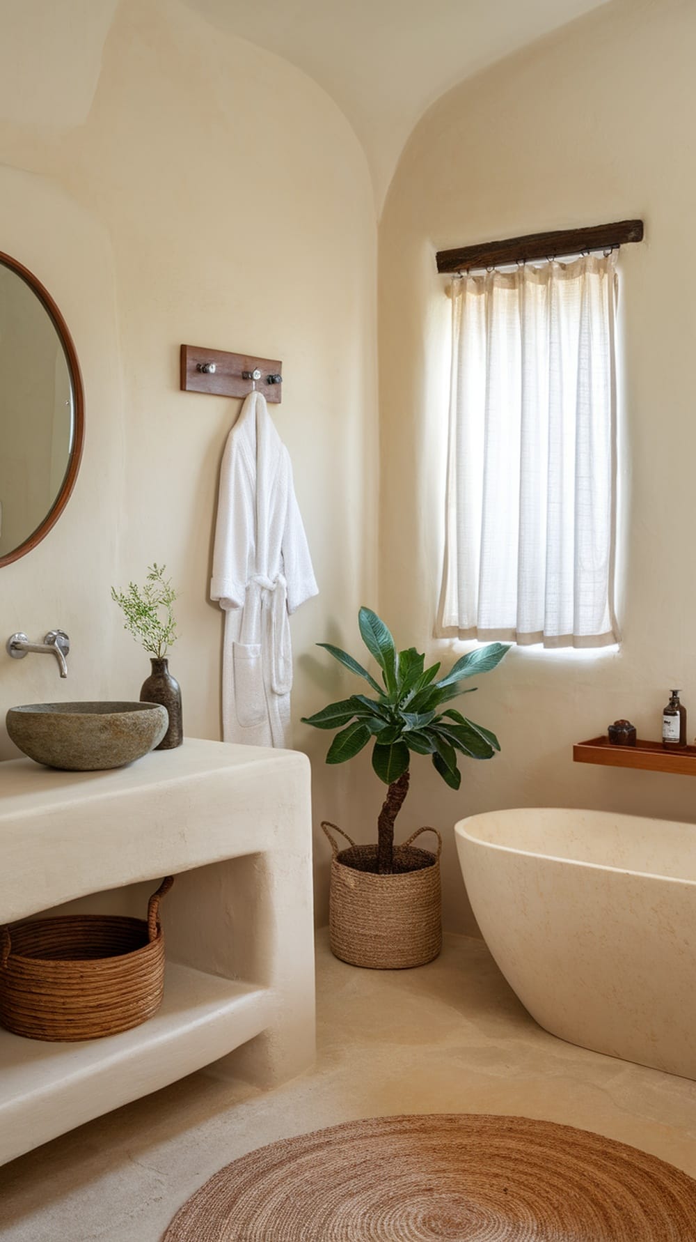 A serene ensuite bathroom featuring a stone sink, a round mirror, a soft rug, hanging robe, and a plant for a natural touch.