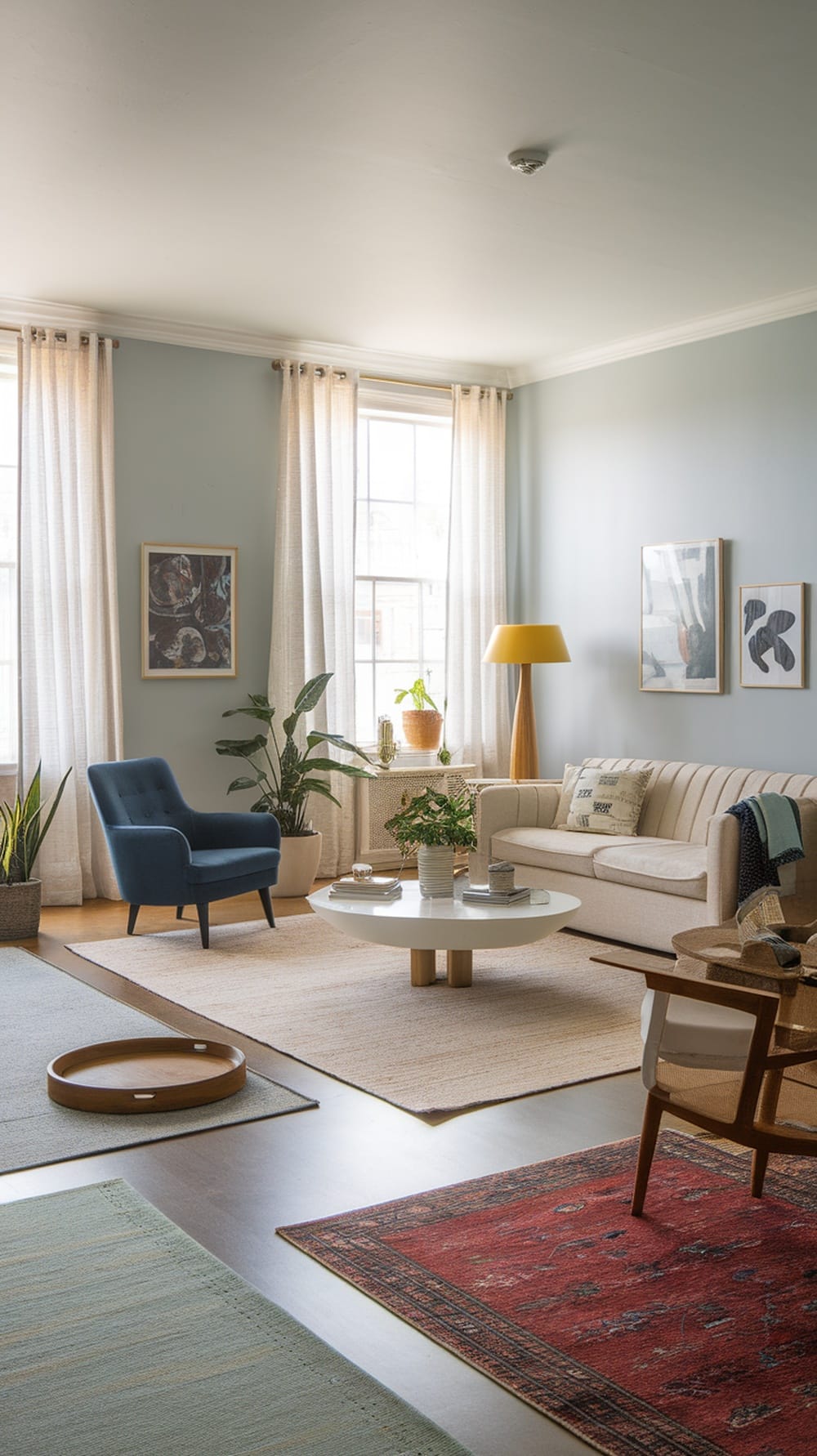 A spacious living room featuring multiple area rugs, plants, and cozy furniture.