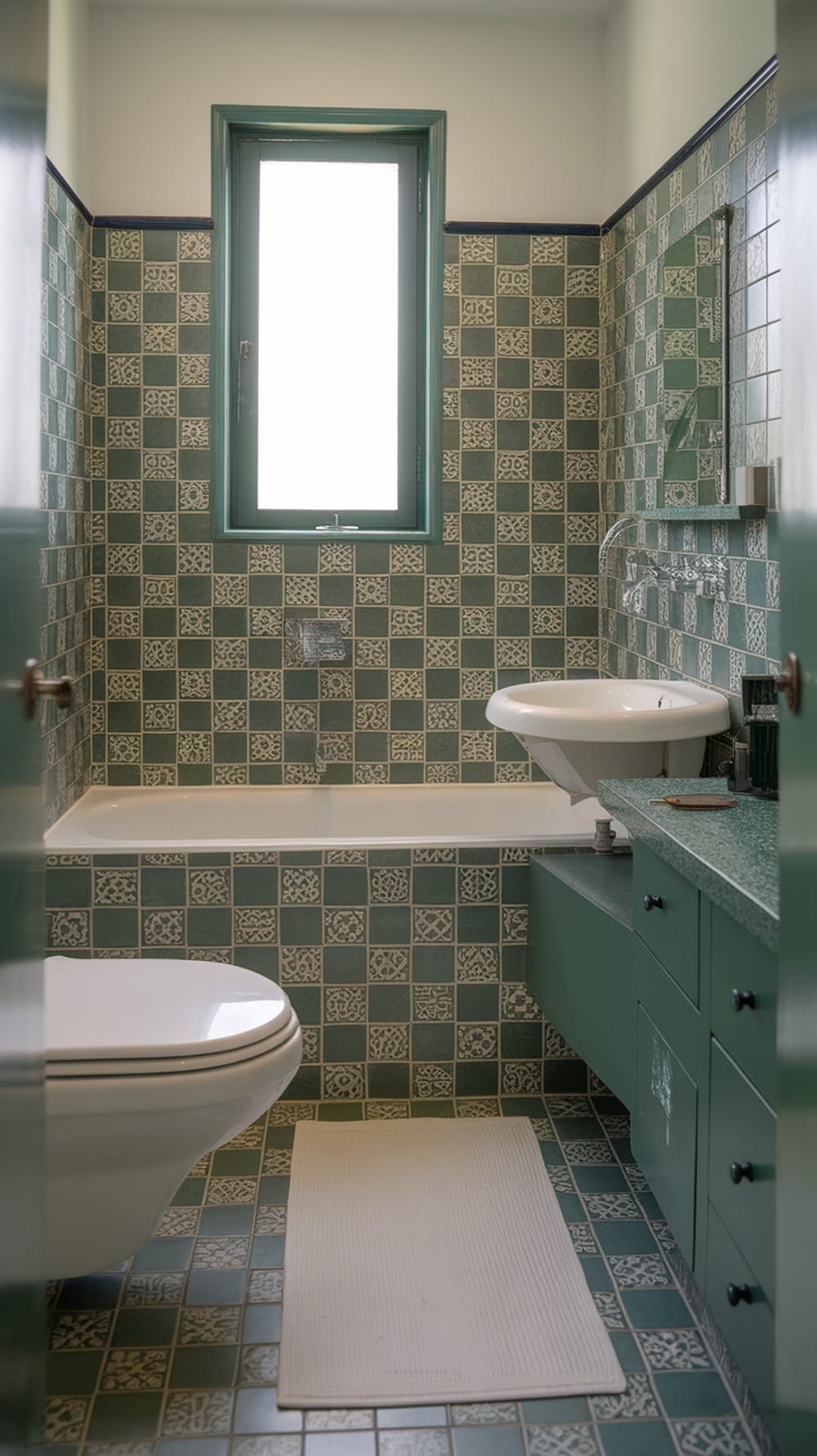 A small ensuite bathroom featuring creative green and cream tile patterns on the walls and floor.