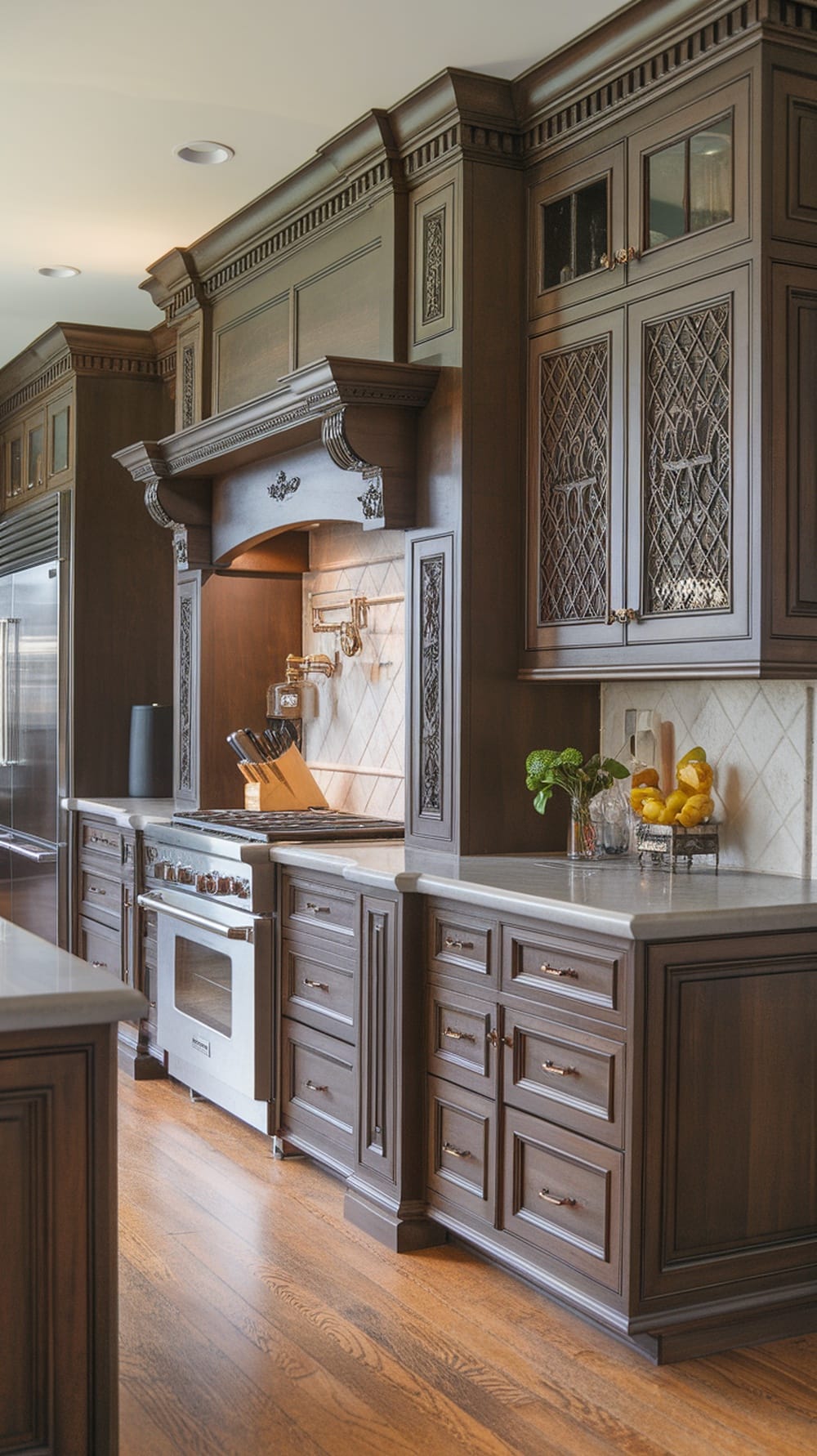 A stylish modern kitchen featuring custom built-in cabinets with rich wood tones and intricate details.