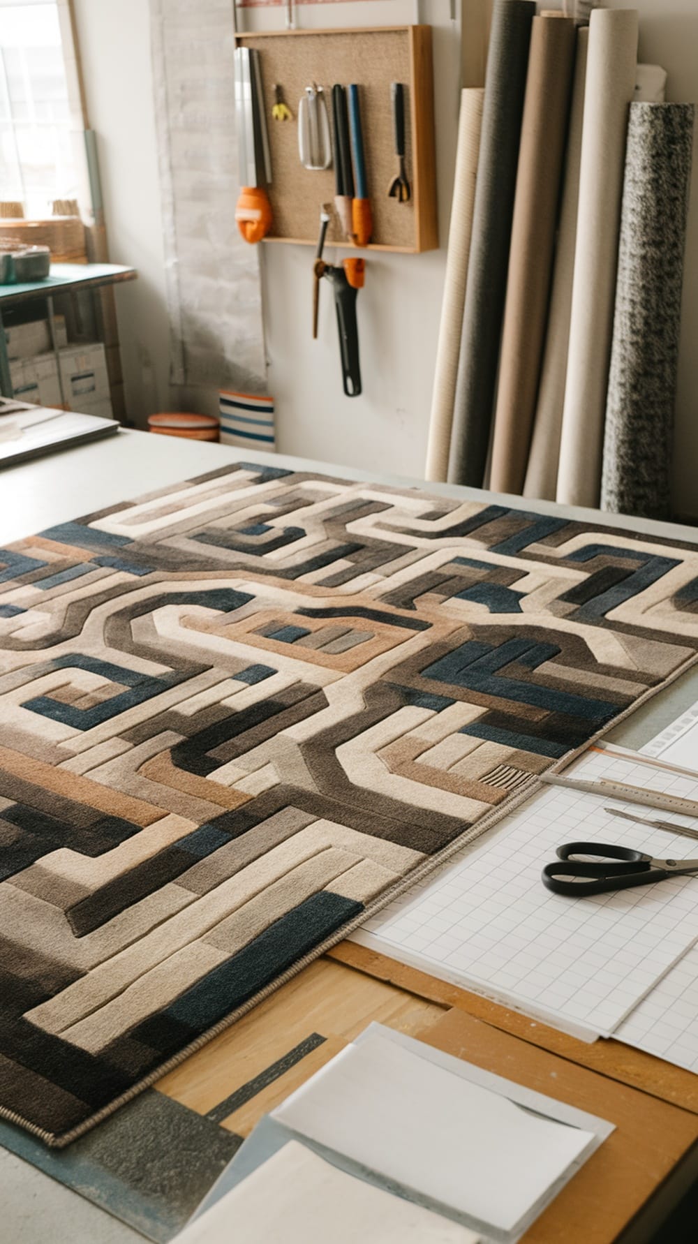 Image of a custom rug in a workshop with tools and materials around.