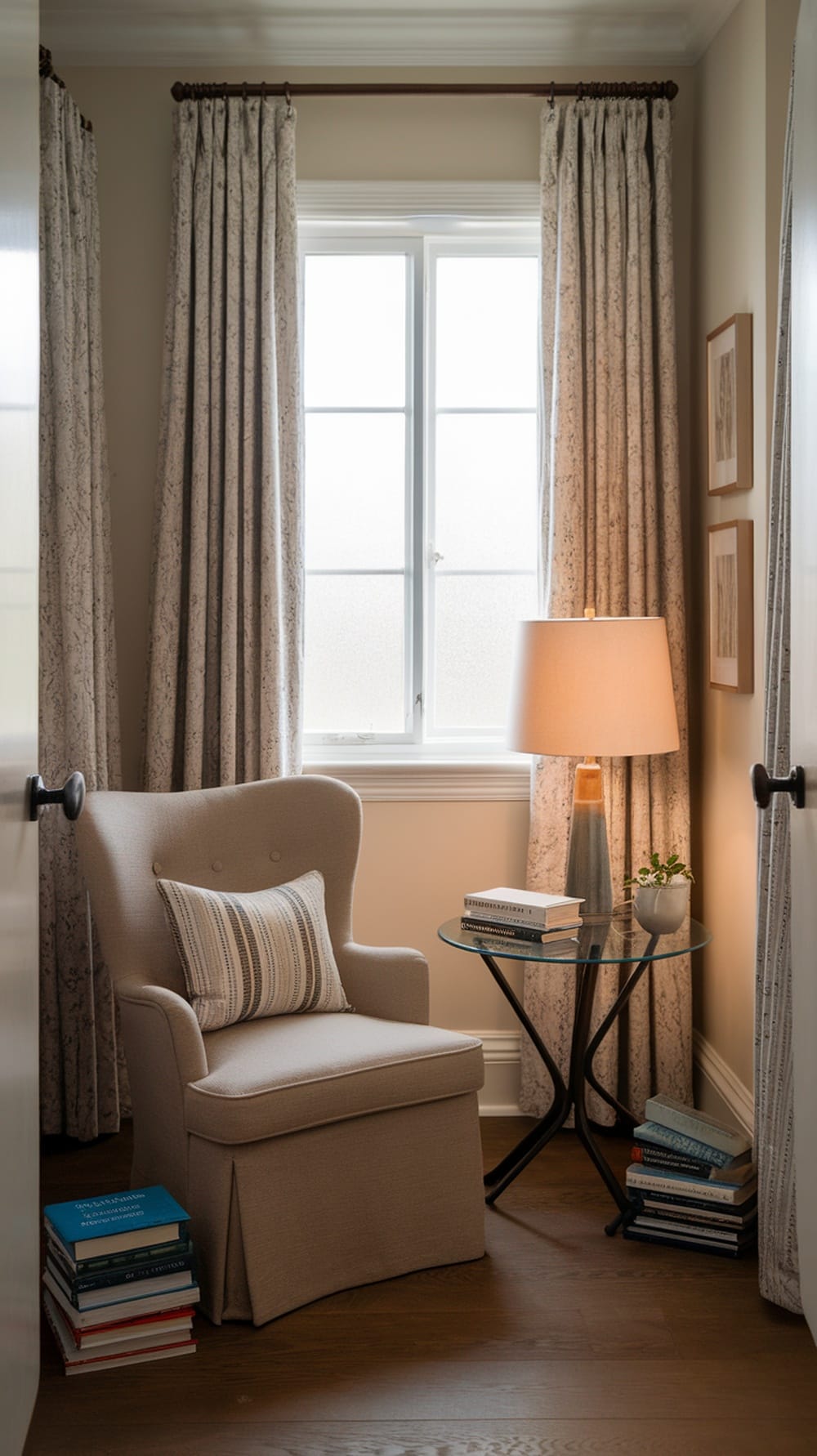 Cozy nook with a chair, side table, lamp, and books.